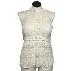 Ivory Floral Lace Peplum Top Sleeveless Mock Neck Cream Boho Fits Like M/L